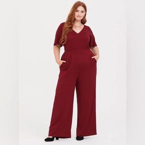 Pants - Torrid Womens Jumpsuit Size 4 Plus Burgundy Wide Leg Challis Flowy Elegant Wine